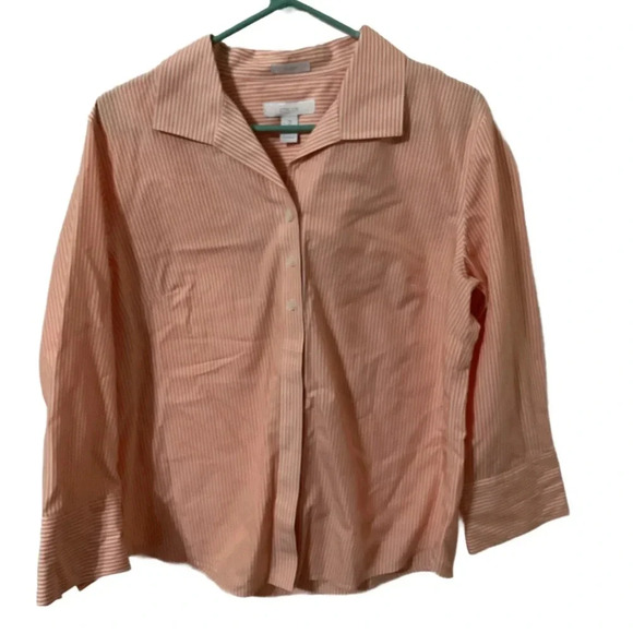 Chicos Ladies Orange and White Pinstripe No Iron 3 Button 3/4 Length Sleeves. - Picture 1 of 3